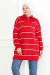 Yakası Fermuarlı Çizgili Triko Tunik kırmızı 1004