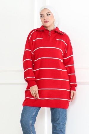 Yakası Fermuarlı Çizgili Triko Tunik kırmızı 1004