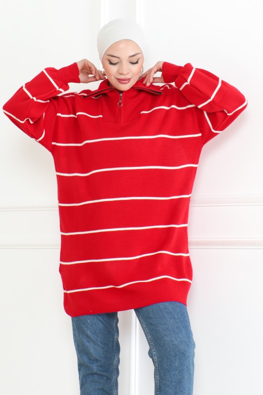 Yakası Fermuarlı Çizgili Triko Tunik kırmızı 1004