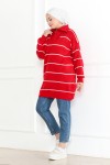 Yakası Fermuarlı Çizgili Triko Tunik kırmızı 1004