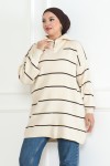 Yakası Fermuarlı Çizgili Triko Tunik Taş Rengi 1004