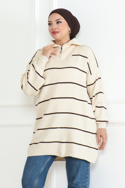 Yakası Fermuarlı Çizgili Triko Tunik Taş Rengi 1004