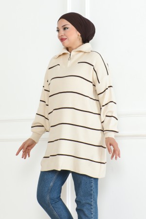 Yakası Fermuarlı Çizgili Triko Tunik Taş Rengi 1004