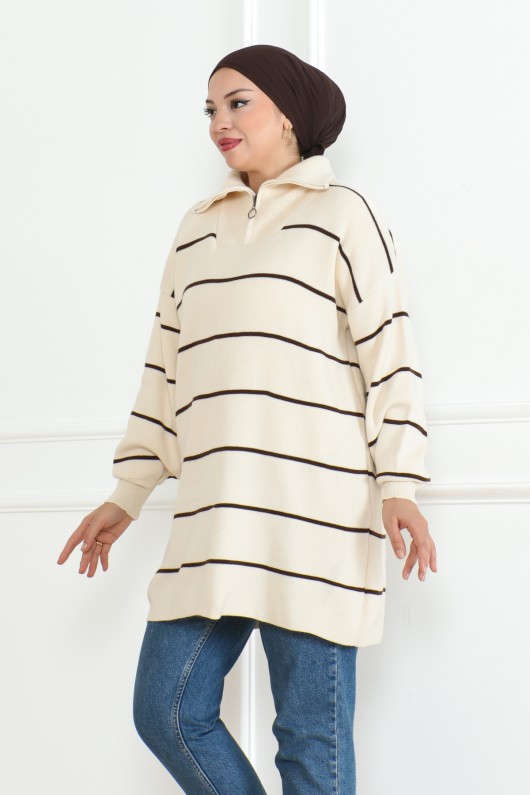 Yakası Fermuarlı Çizgili Triko Tunik Taş Rengi 1004