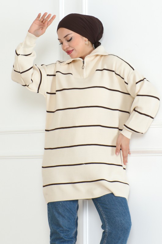 Yakası Fermuarlı Çizgili Triko Tunik Taş Rengi 1004
