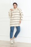 Yakası Fermuarlı Çizgili Triko Tunik Taş Rengi 1004