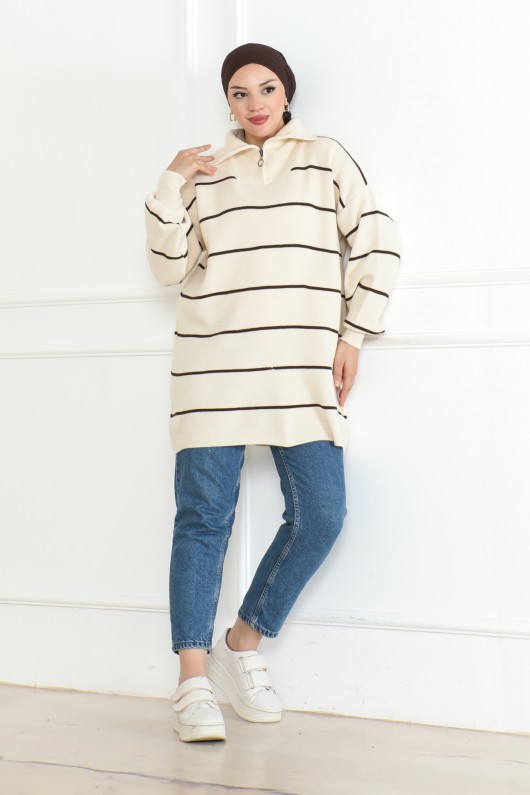 Yakası Fermuarlı Çizgili Triko Tunik Taş Rengi 1004