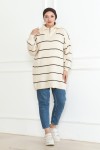 Yakası Fermuarlı Çizgili Triko Tunik Taş Rengi 1004
