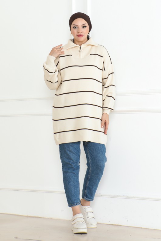 Yakası Fermuarlı Çizgili Triko Tunik Taş Rengi 1004