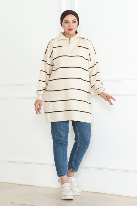 Yakası Fermuarlı Çizgili Triko Tunik Taş Rengi 1004