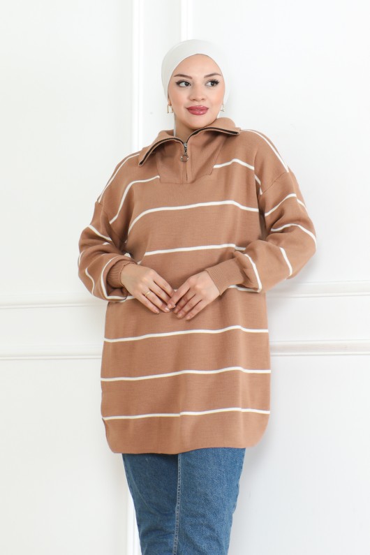 Yakası Fermuarlı Çizgili Triko Tunik Vizon 1004