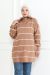 Yakası Fermuarlı Çizgili Triko Tunik Vizon 1004