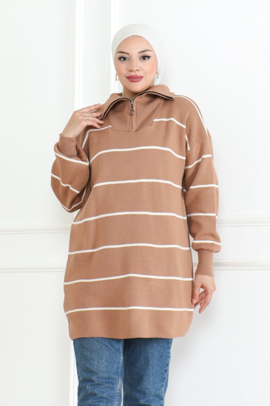 Yakası Fermuarlı Çizgili Triko Tunik Vizon 1004