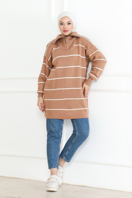 Yakası Fermuarlı Çizgili Triko Tunik Vizon 1004