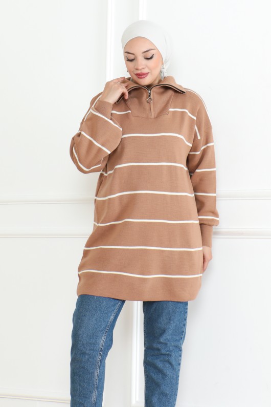 Yakası Fermuarlı Çizgili Triko Tunik Vizon 1004