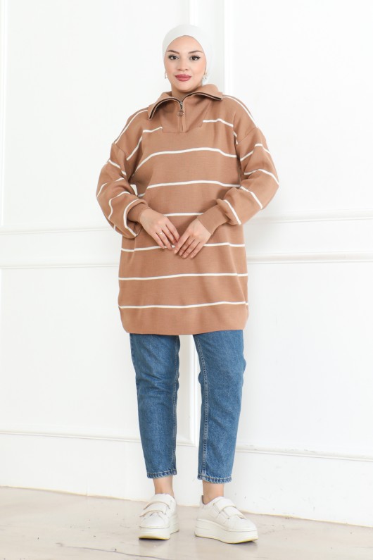 Yakası Fermuarlı Çizgili Triko Tunik Vizon 1004