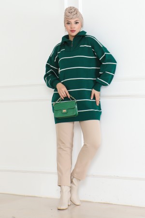 Yakası Fermuarlı Çizgili Triko Tunik Zümrüt Yeşili 1004