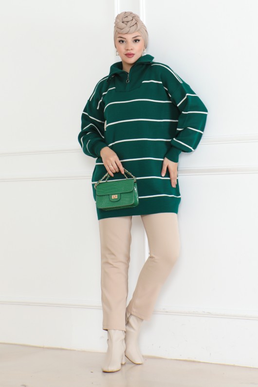 Yakası Fermuarlı Çizgili Triko Tunik Zümrüt Yeşili 1004