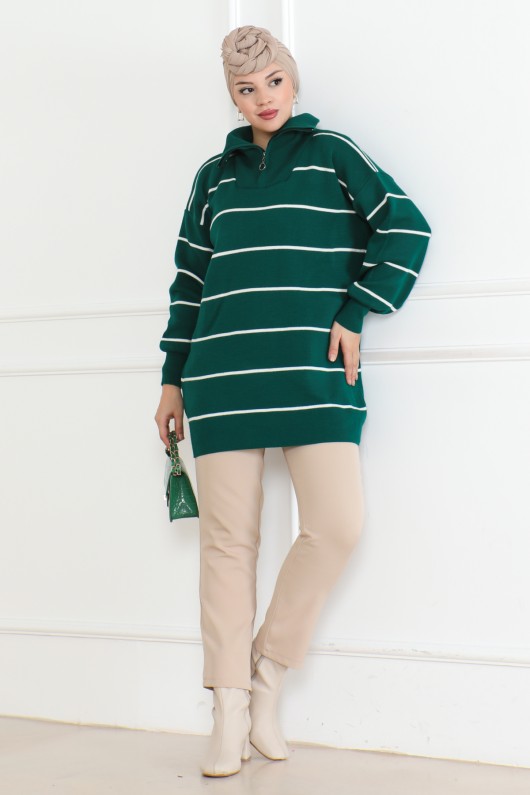 Yakası Fermuarlı Çizgili Triko Tunik Zümrüt Yeşili 1004