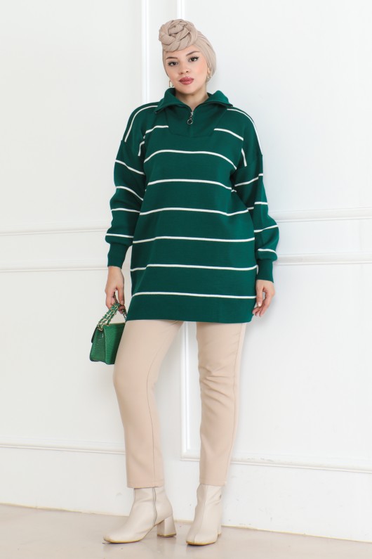 Yakası Fermuarlı Çizgili Triko Tunik Zümrüt Yeşili 1004