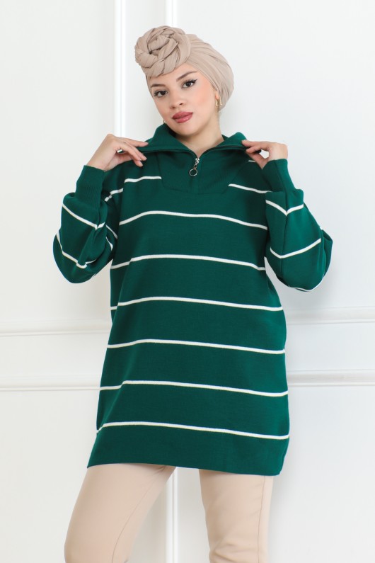 Yakası Fermuarlı Çizgili Triko Tunik Zümrüt Yeşili 1004