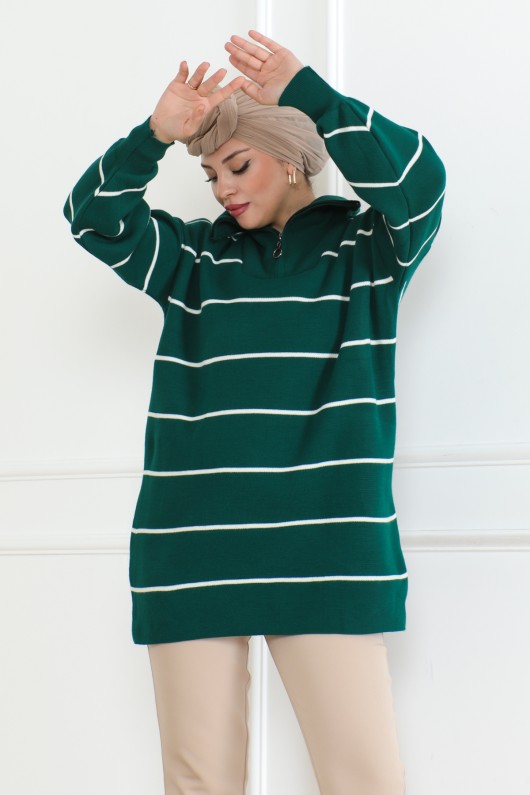 Yakası Fermuarlı Çizgili Triko Tunik Zümrüt Yeşili 1004
