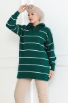 Yakası Fermuarlı Çizgili Triko Tunik Zümrüt Yeşili 1004