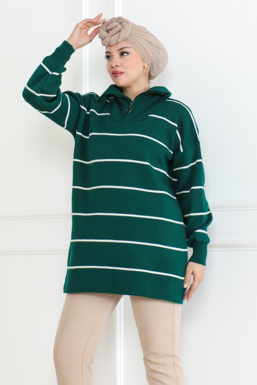 Yakası Fermuarlı Çizgili Triko Tunik Zümrüt Yeşili 1004