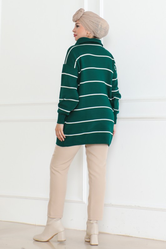 Yakası Fermuarlı Çizgili Triko Tunik Zümrüt Yeşili 1004