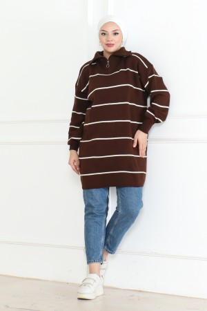 Yakası Fermuarlı Çizgili Triko Tunik Kahverengi 1004