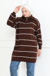 Yakası Fermuarlı Çizgili Triko Tunik Kahverengi 1004