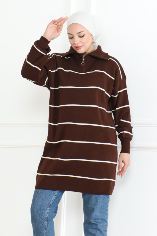 Yakası Fermuarlı Çizgili Triko Tunik Kahverengi 1004