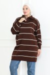 Yakası Fermuarlı Çizgili Triko Tunik Kahverengi 1004