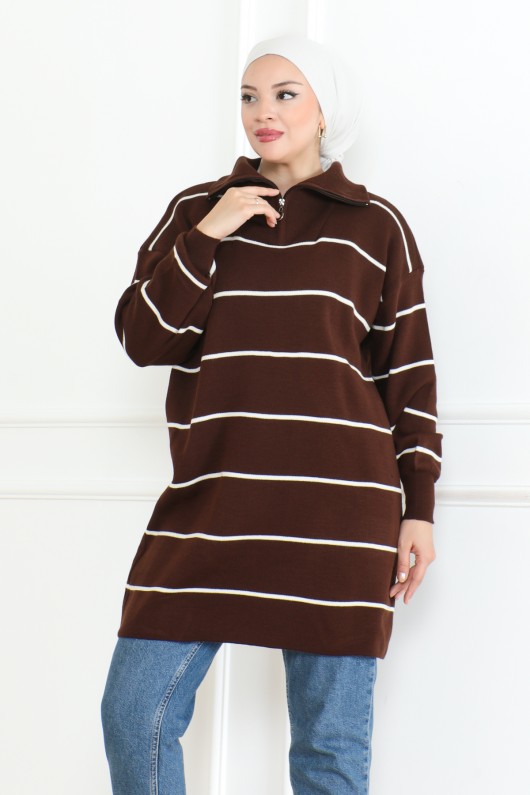 Yakası Fermuarlı Çizgili Triko Tunik Kahverengi 1004