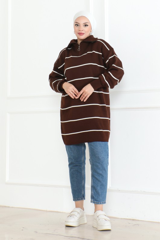 Yakası Fermuarlı Çizgili Triko Tunik Kahverengi 1004