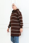 Yakası Fermuarlı Çizgili Triko Tunik Kahverengi 1004