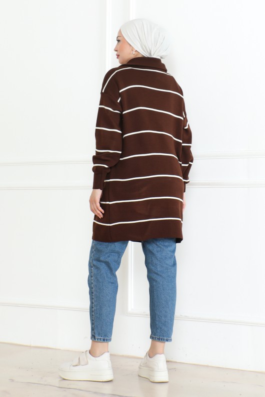 Yakası Fermuarlı Çizgili Triko Tunik Kahverengi 1004