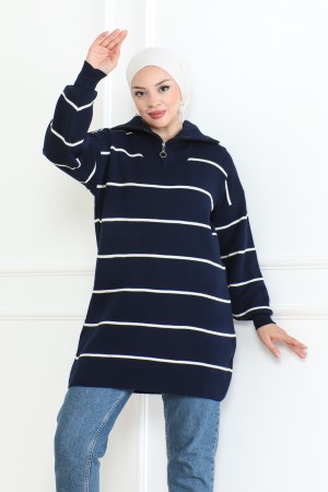 Yakası Fermuarlı Çizgili Triko Tunik Lacivert 1004