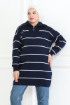 Yakası Fermuarlı Çizgili Triko Tunik Lacivert 1004