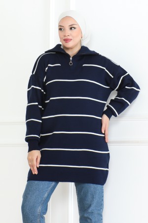 Yakası Fermuarlı Çizgili Triko Tunik Lacivert 1004