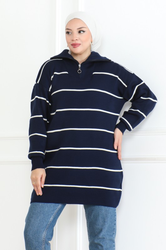 Yakası Fermuarlı Çizgili Triko Tunik Lacivert 1004