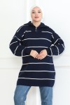 Yakası Fermuarlı Çizgili Triko Tunik Lacivert 1004