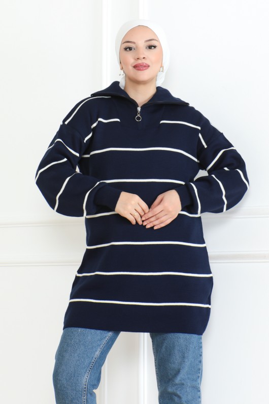 Yakası Fermuarlı Çizgili Triko Tunik Lacivert 1004
