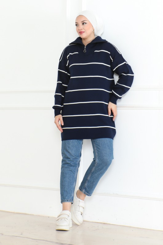 Yakası Fermuarlı Çizgili Triko Tunik Lacivert 1004
