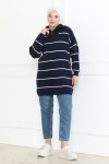 Yakası Fermuarlı Çizgili Triko Tunik Lacivert 1004