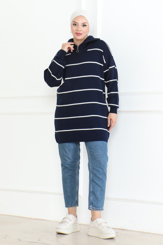 Yakası Fermuarlı Çizgili Triko Tunik Lacivert 1004