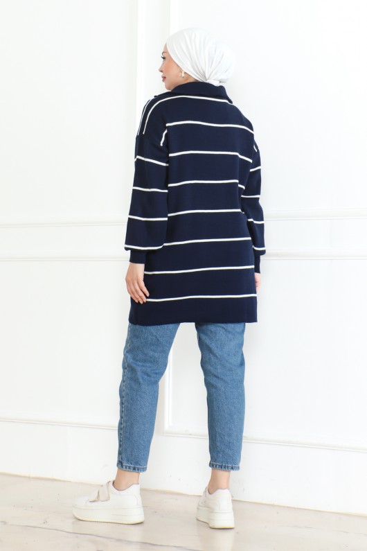 Yakası Fermuarlı Çizgili Triko Tunik Lacivert 1004