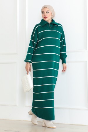Yakası Fermuar Detaylı Çizgili Triko Elbise Zümrüt Yeşili 1005