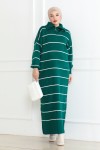 Yakası Fermuar Detaylı Çizgili Triko Elbise Zümrüt Yeşili 1005