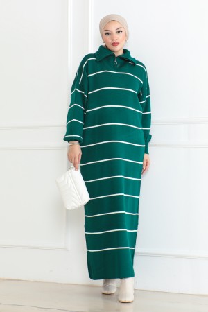 Yakası Fermuar Detaylı Çizgili Triko Elbise Zümrüt Yeşili 1005